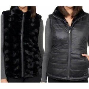 Nicole Miller Faux Fur Reversible Vest Sz S Black Quilted Full Zipper Winter